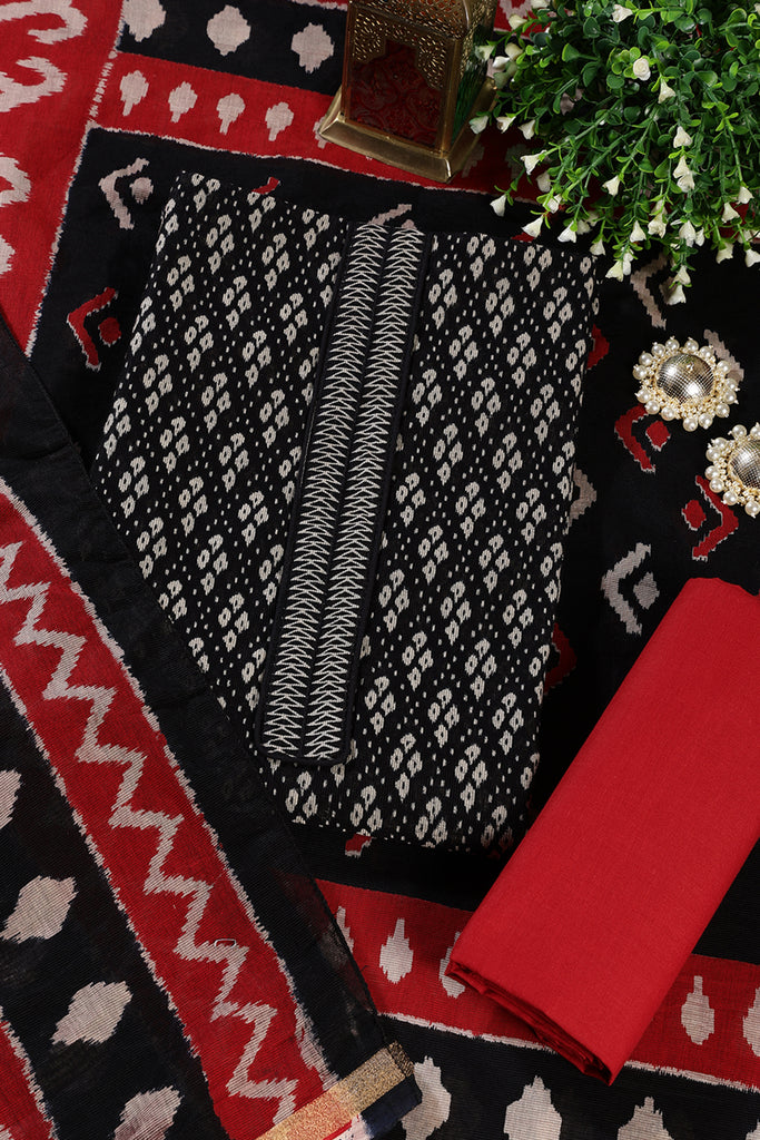 Black Ikkat Cotton Printed Unstitched Suit Material