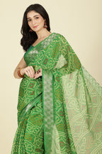 Muted Green Color Chiffon Bandhani Printed Saree