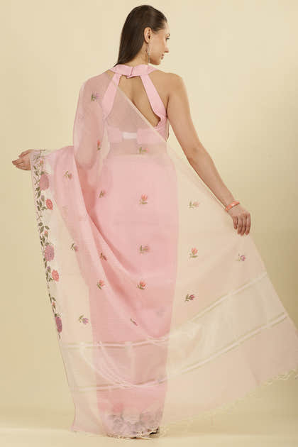 Pink Kota Cotton Floral Resham Embroidered And Zari Woven Saree