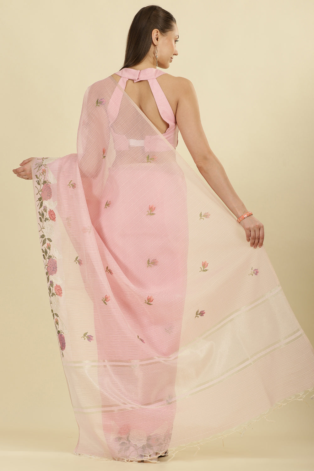 Pink Kota Cotton Floral Resham Embroidered And Zari Woven Saree