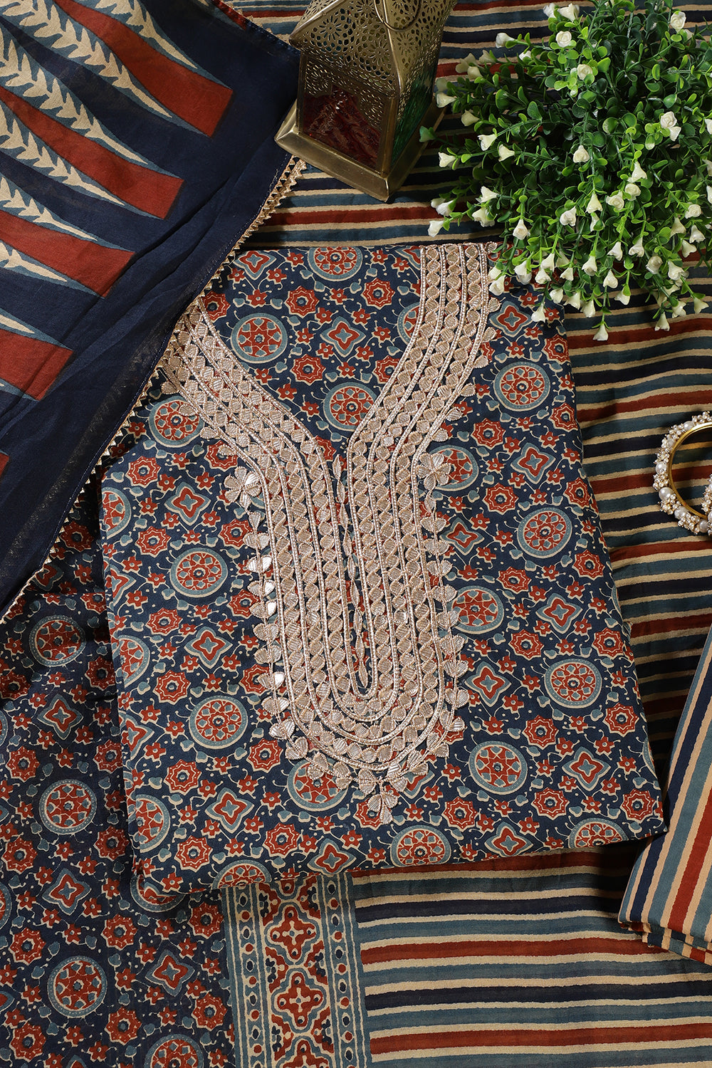 Navy Cotton Printed & Neck Embroidered Unstitched Suit Material