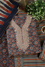 Navy Cotton Printed & Neck Embroidered Unstitched Suit Material