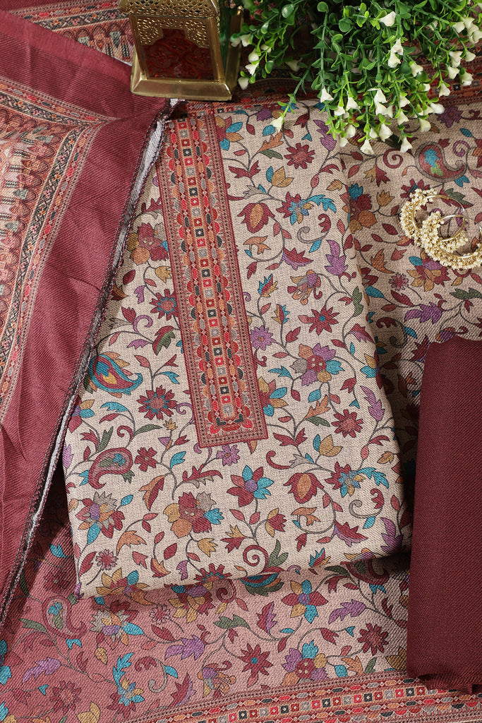 Wine Color Pashmina Floral Printed Unstitched Suit Fabric