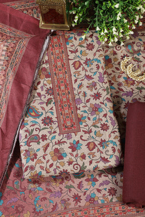 Wine Color Pashmina Floral Printed Unstitched Suit Fabric