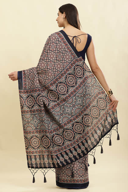 Navy Cotton Silk Ajrakh Block Printed Saree