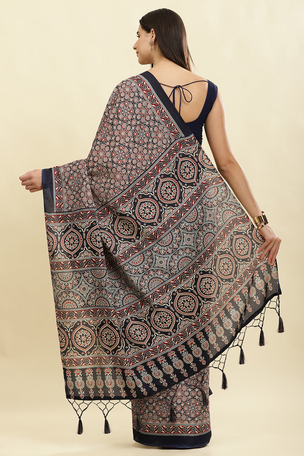 Navy Cotton Silk Ajrakh Block Printed Saree