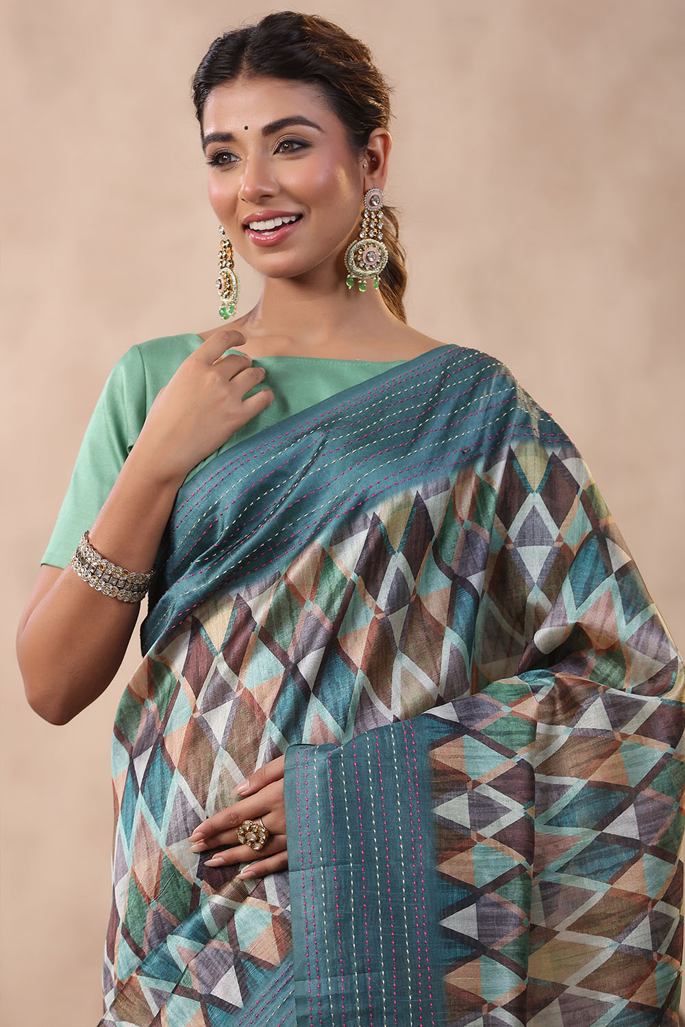 Teal Color Tussar Cotton Printed Saree