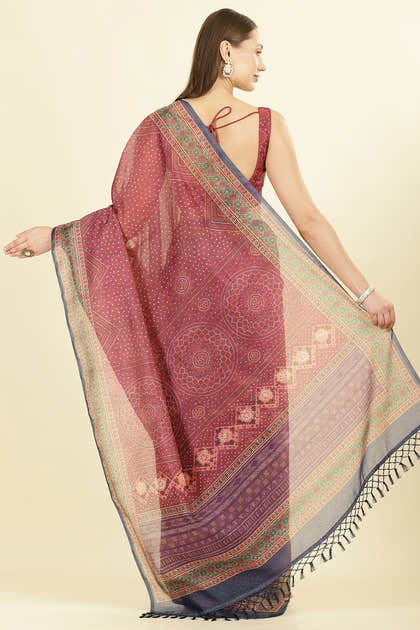 Maroon Organza Cotton Bandhani Block Printed Saree