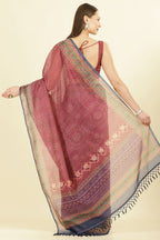 Maroon Organza Cotton Bandhani Block Printed Saree