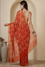 Orange Chiffon Floral Zari Border & Floral Printed Saree