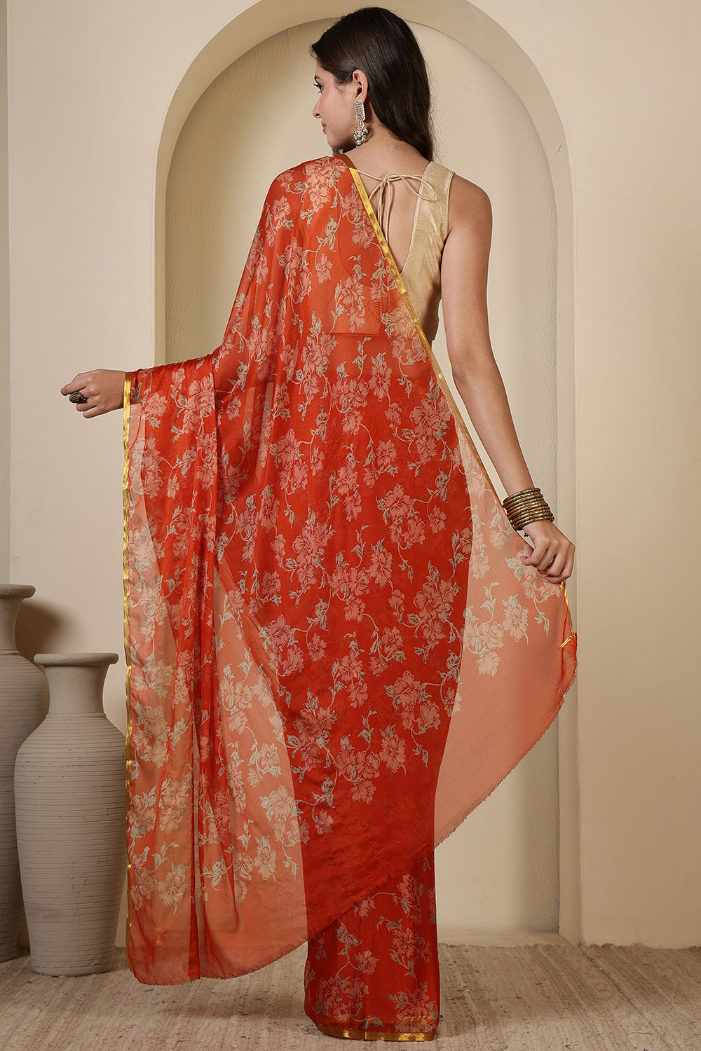 Orange Chiffon Floral Zari Border & Floral Printed Saree