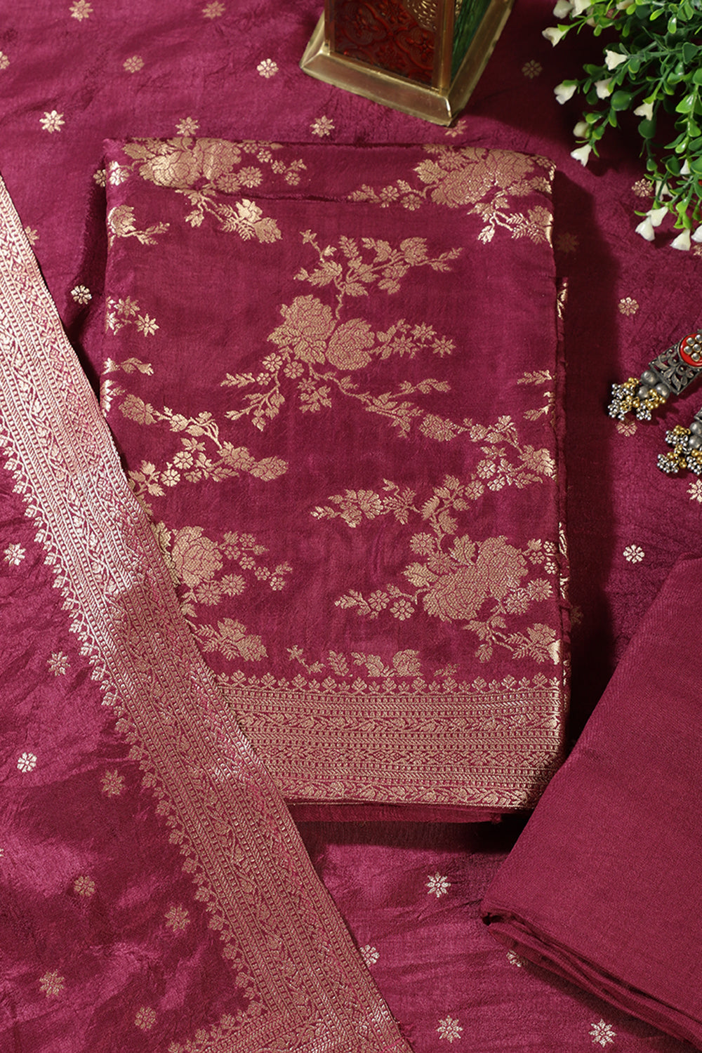Wine Banarsi Floral Woven Silk Unstitched Suit Fabric
