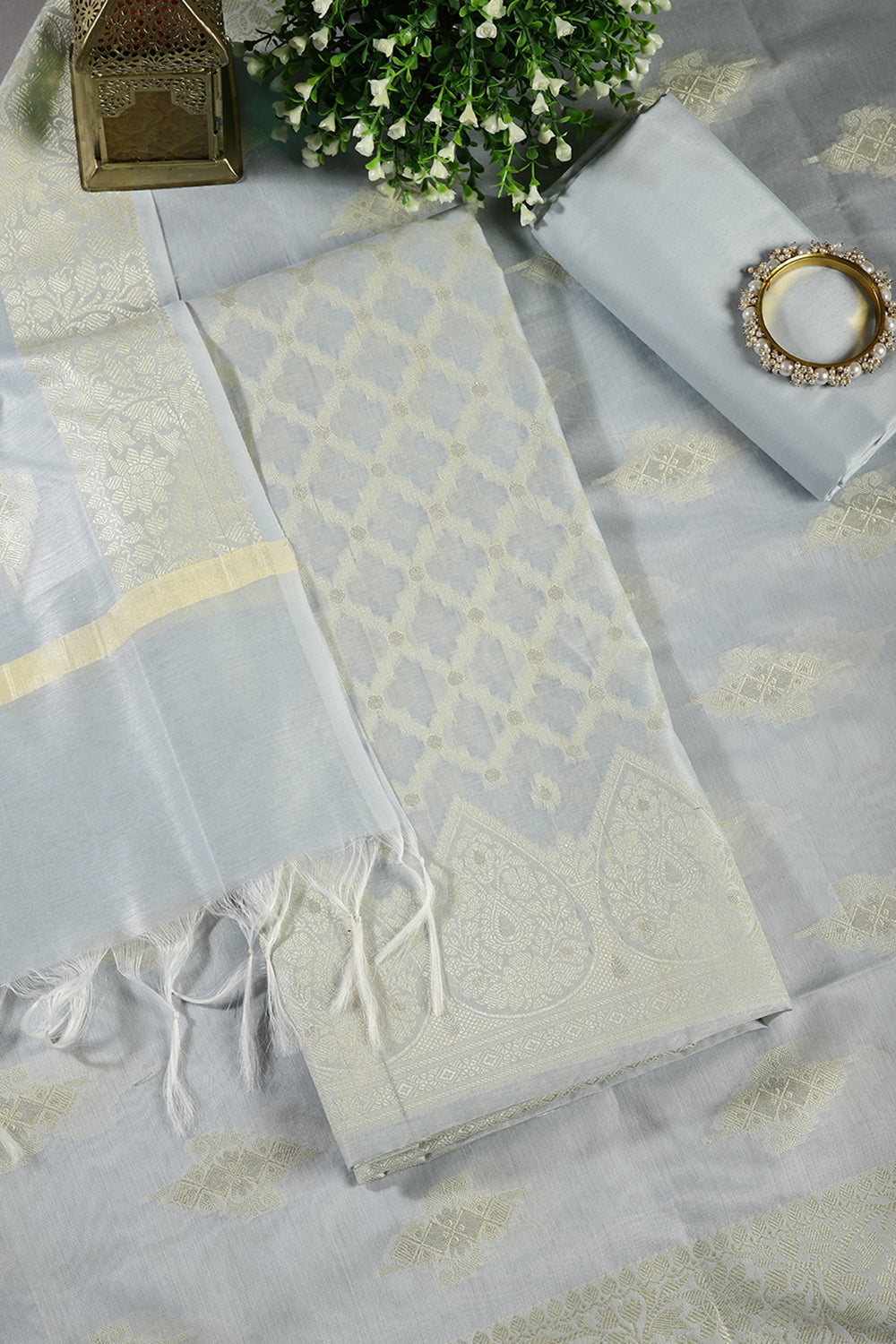 Light Grey Color Chanderi Cotton Woven Unstitched Suit Fabric