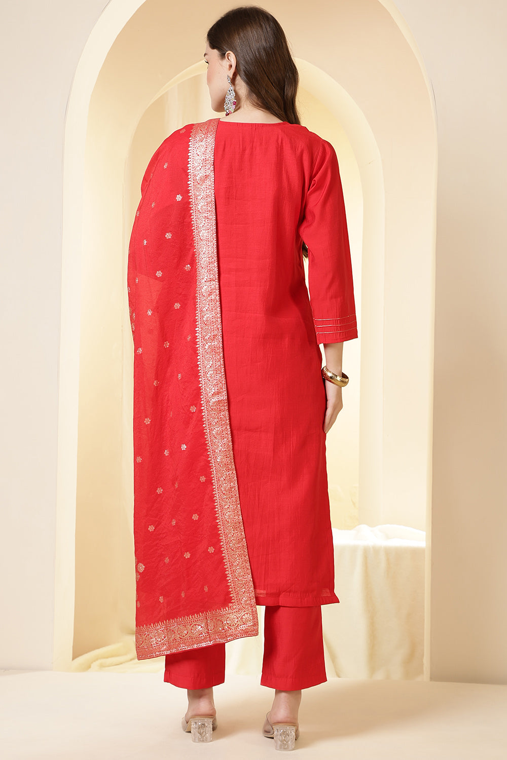 Red Silk Embroidered Suit Set