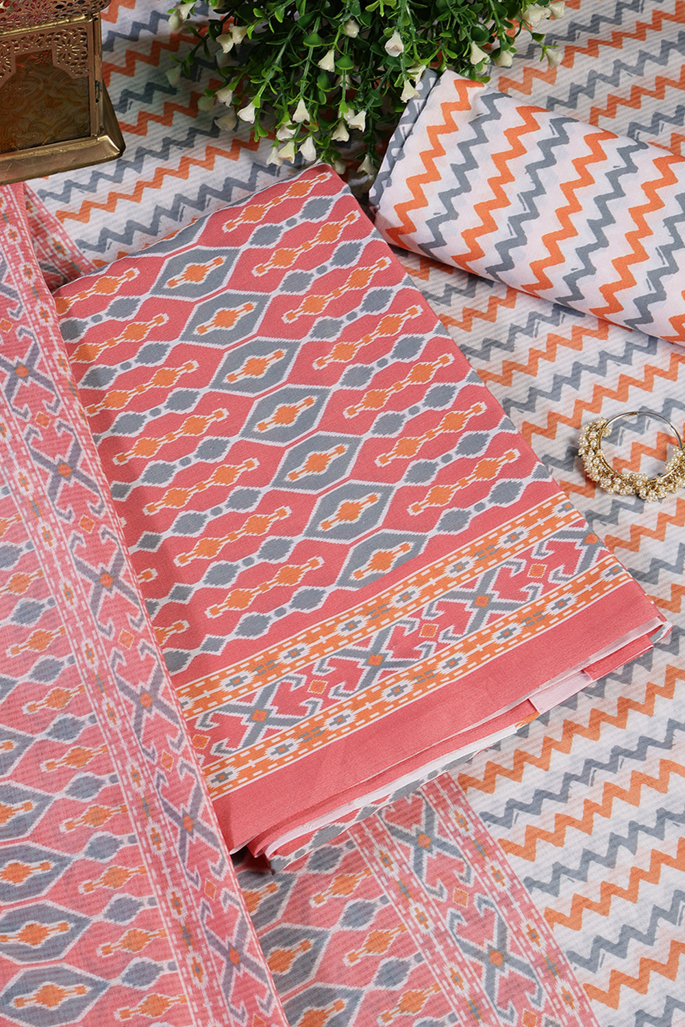 Peach Malmal Cotton Printed Unstitched Suit Material