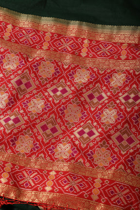 Bottle Green & Red Dual Toned Tussar Silk Patola Woven Saree