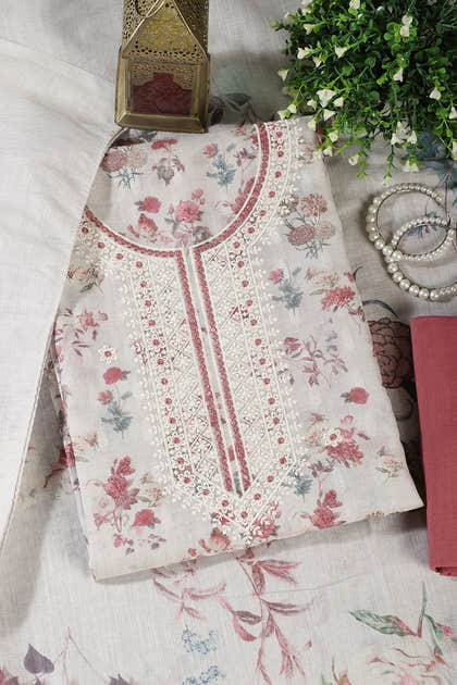 Cream & Light Maroon Chanderi Cotton Floral Printed And Embroidered Unstitched Suit