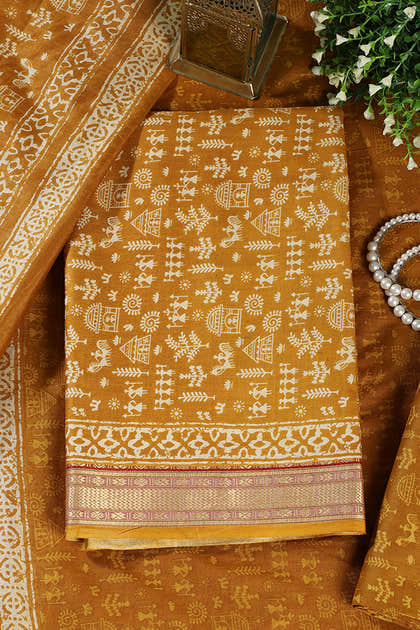 Mustard Warli Print Cotton Unstitched Suit Material