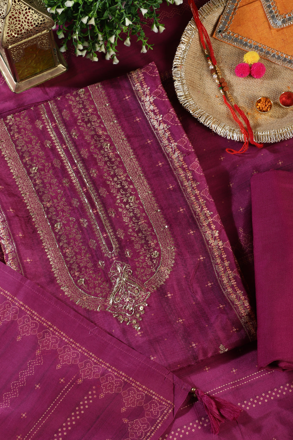 Purple Silk Zari Woven And Bandhani Printed Unstitched Suit Fabric