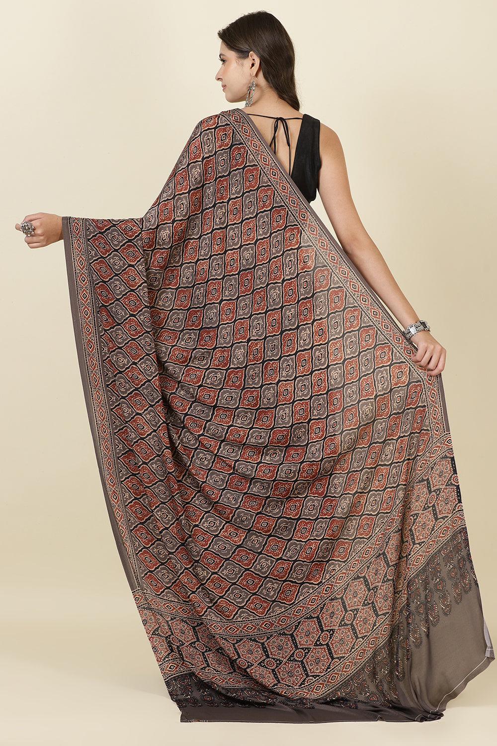 Brown Crepe Printed Saree