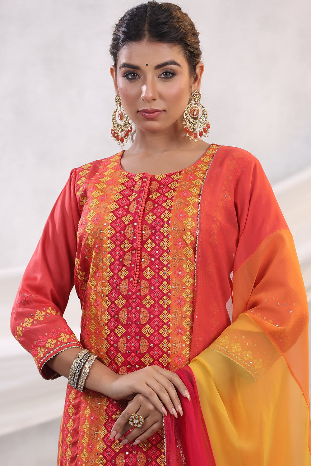 Coral Color Embroidered Silk Unstitched Suit Fabric