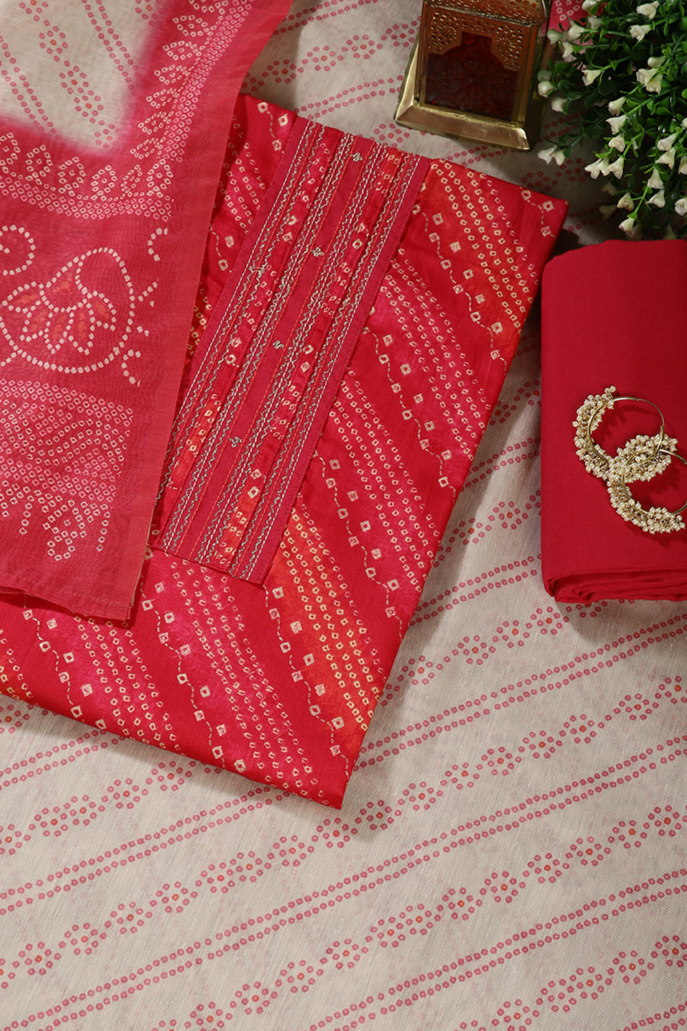 Cardinal Color Cotton Bandhani printed Unstitched Suit Fabric