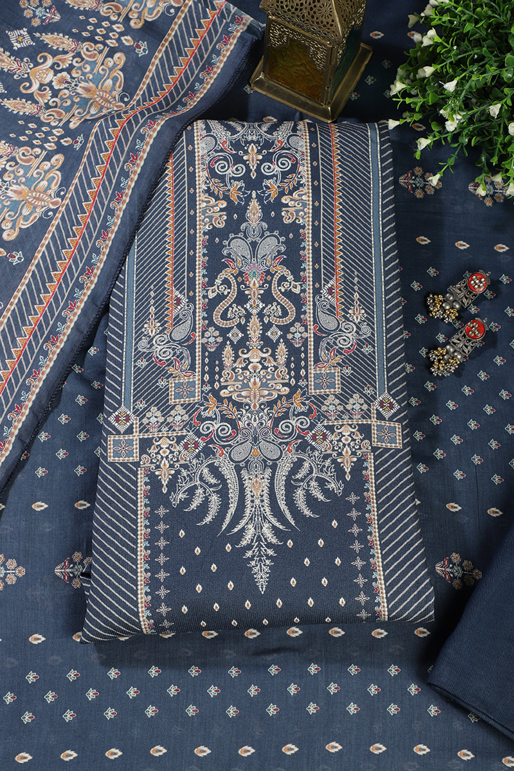 Blue Mughal-Inspired Paisley Printed Spun  Unstitched Suits Fabric