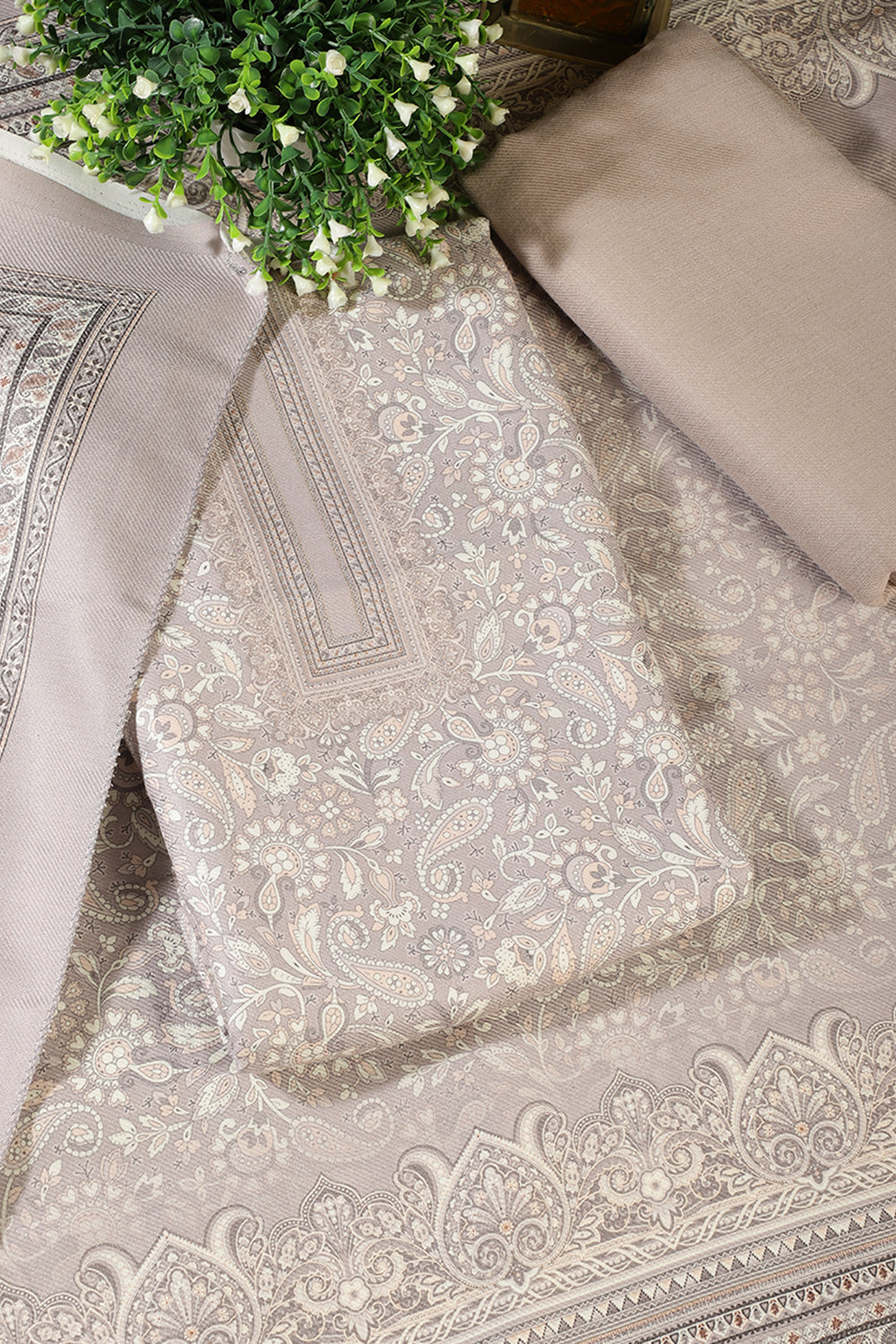 Light Beige Digital Printed Pashmina Unstitched Suit Material
