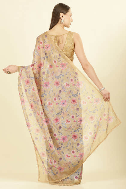 Light Mustard Organza Floral Printed And Lace Work Saree
