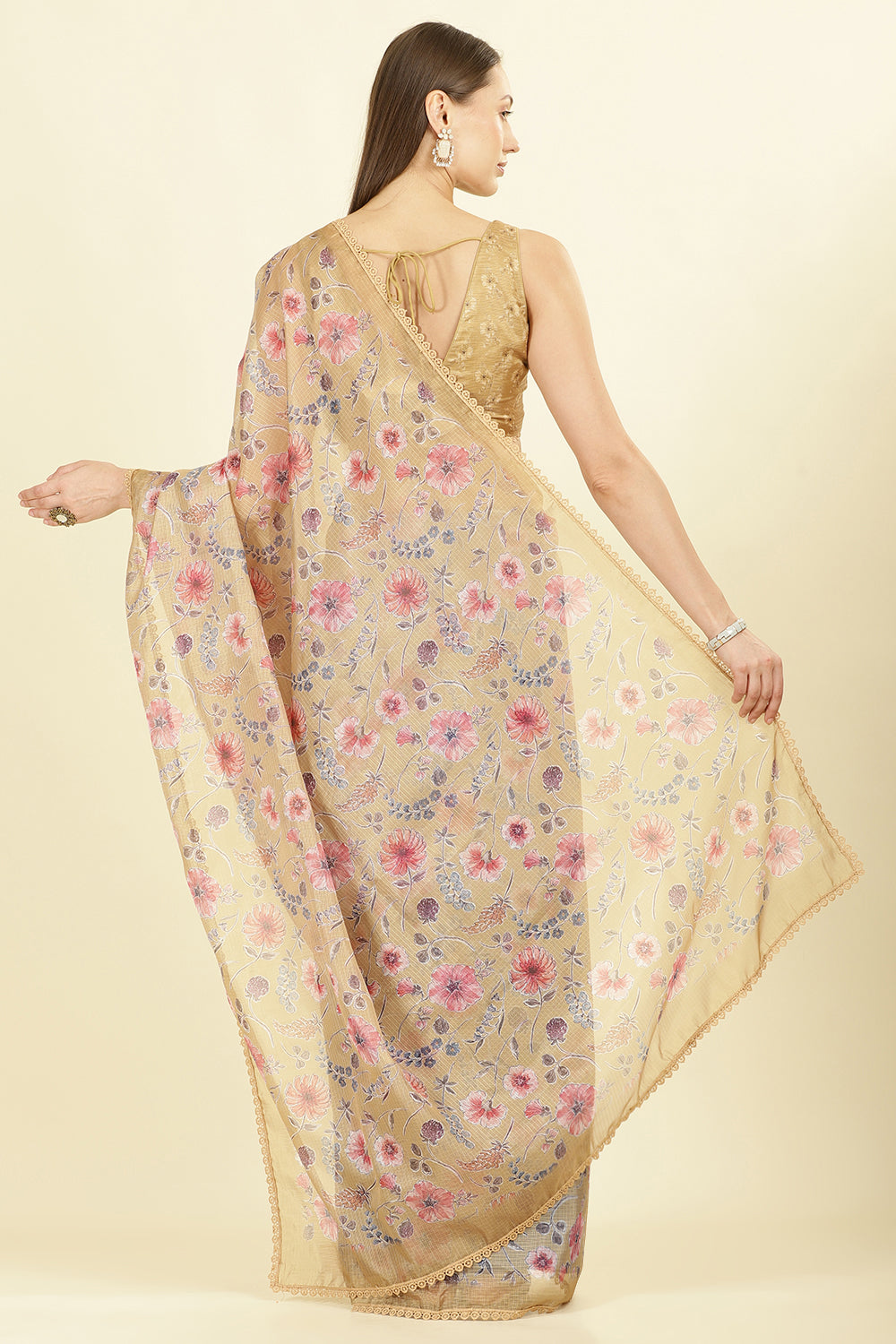 Light Mustard Organza Floral Printed And Lace Work Saree