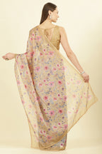 Light Mustard Organza Floral Printed And Lace Work Saree