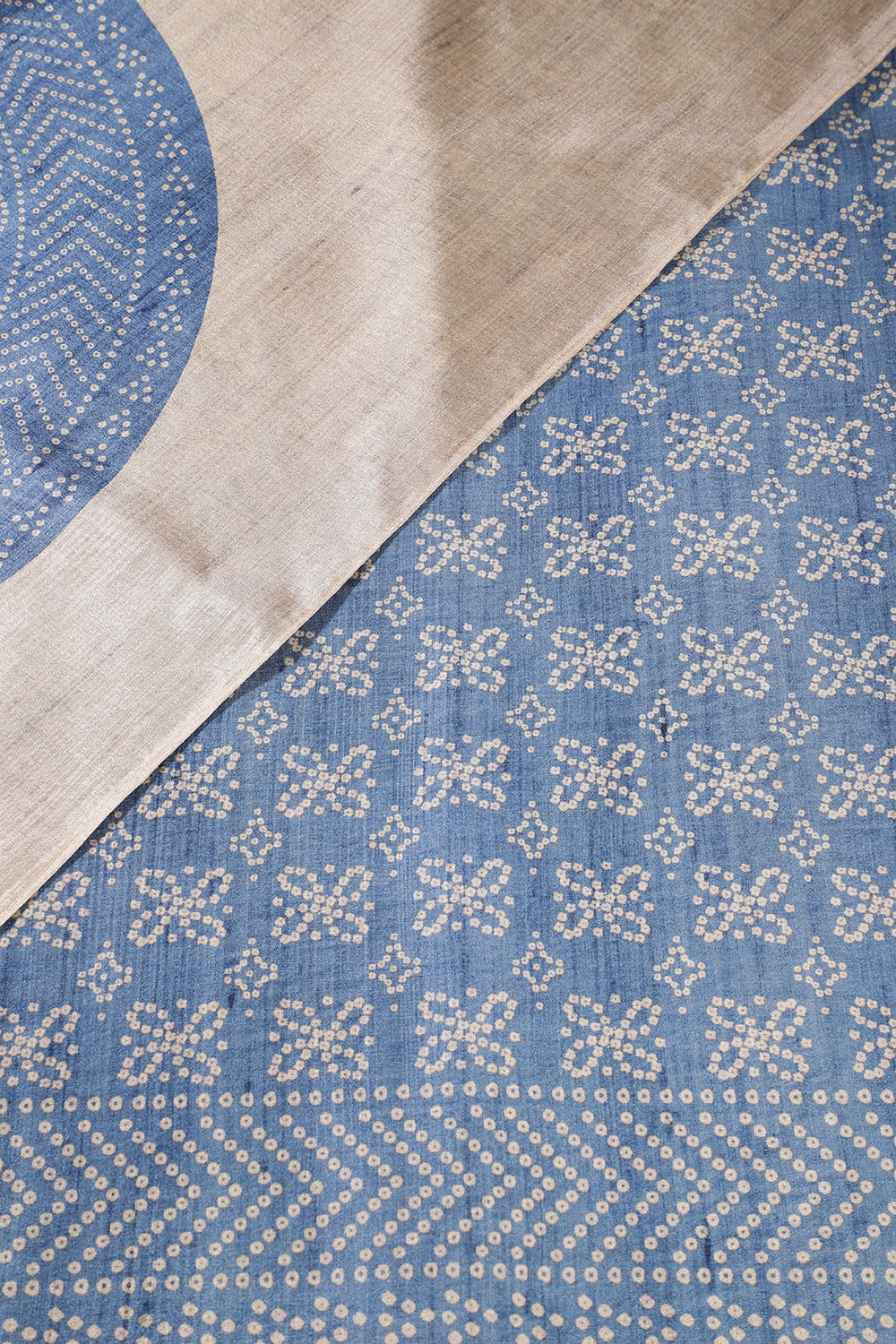 Beige And Blue Tussar Silk Printed Saree