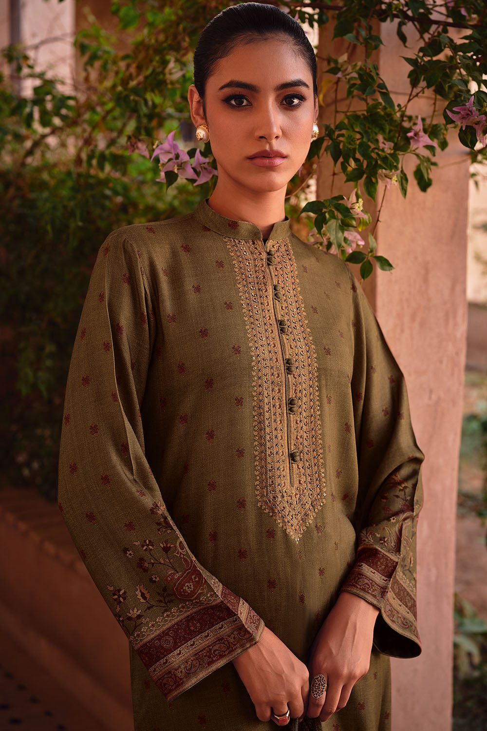 Sage Green Color Pashmina Printed Unstitched Suit Material