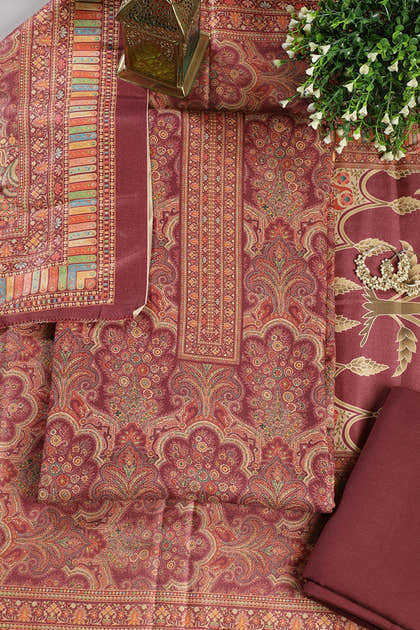 Wine Colour Pashmina Digital Printed Unstitched Suit Fabric