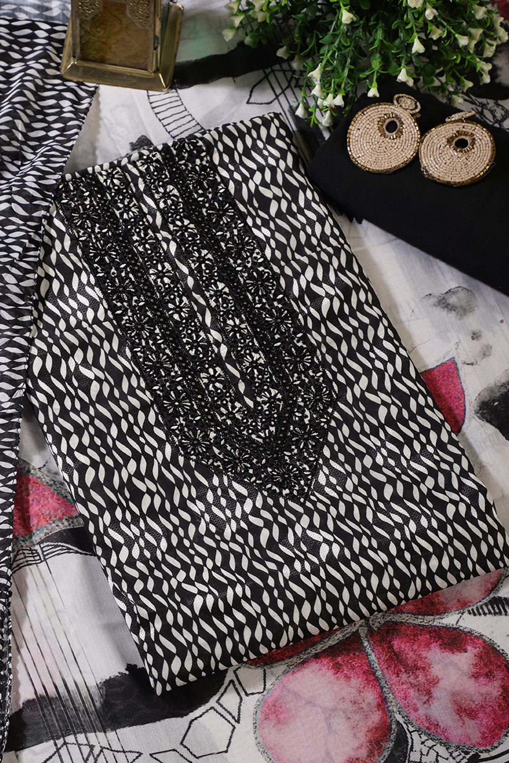 Black & White Rayon Cotton Printed & Neck Embroidered Unstitched Suit
