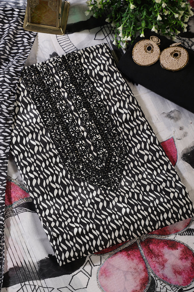 Black & White Rayon Cotton Printed & Neck Embroidered Unstitched Suit