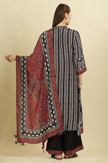 Black Muslin Ajrakh Printed Suit with Palazzo