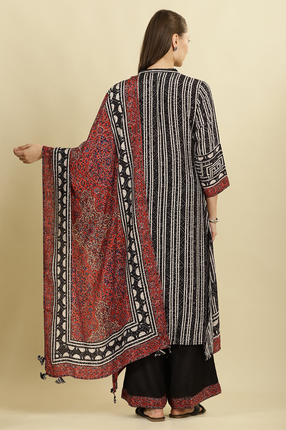 Black Muslin Ajrakh Printed Suit with Palazzo