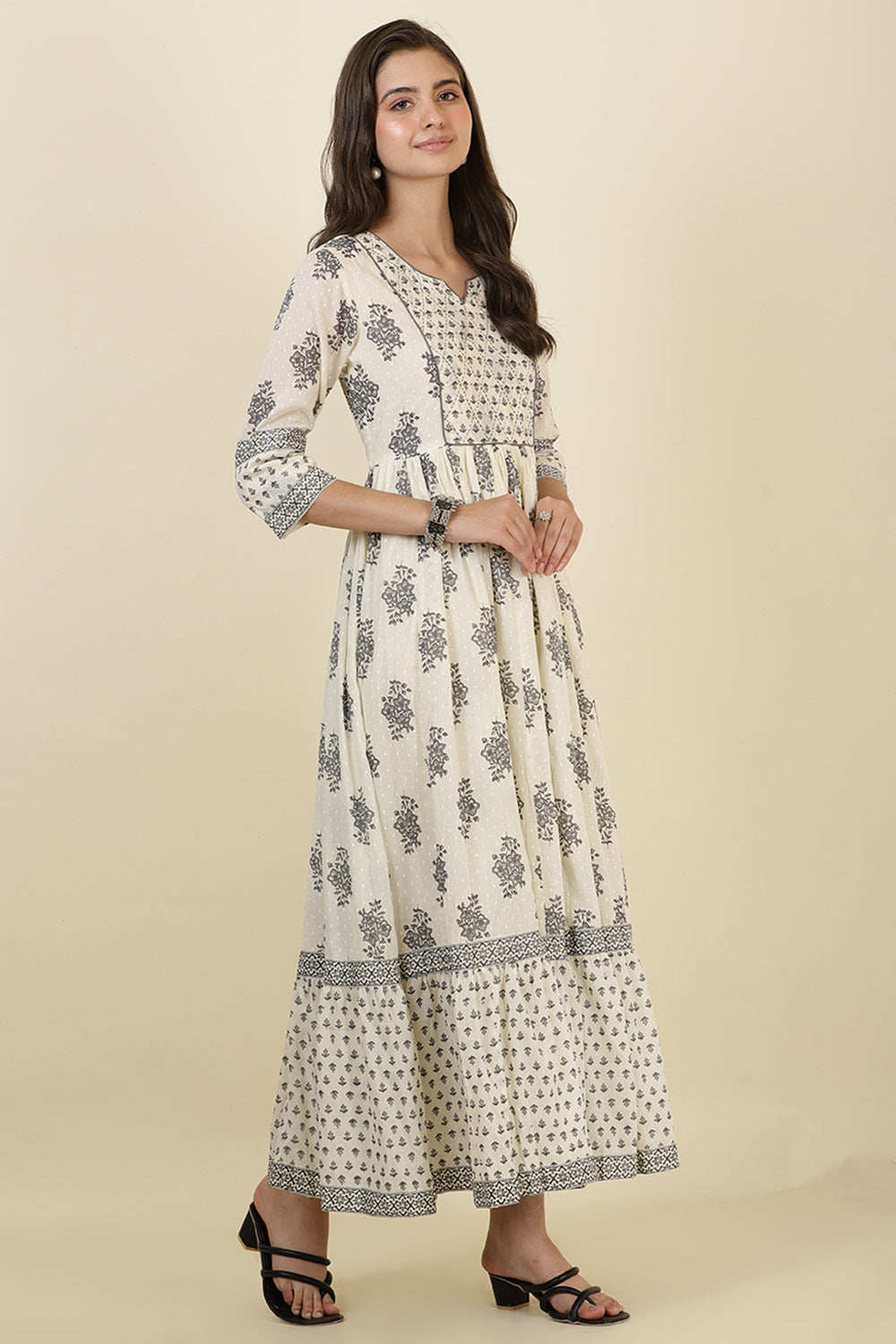 Cream & Grey Cotton Printed (Peonies) Anarkali Kurti
