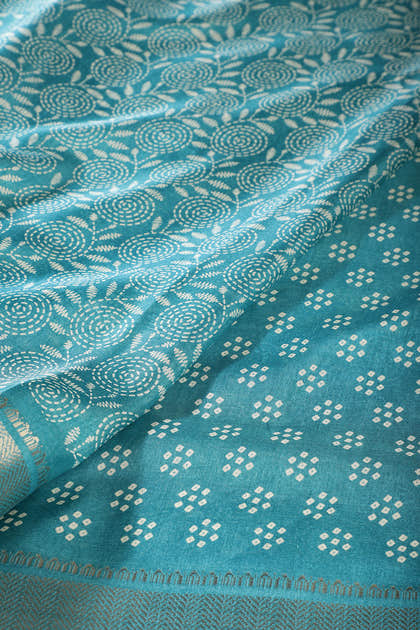 Turquoise Colour Printed & Woven Cotton Silk Saree
