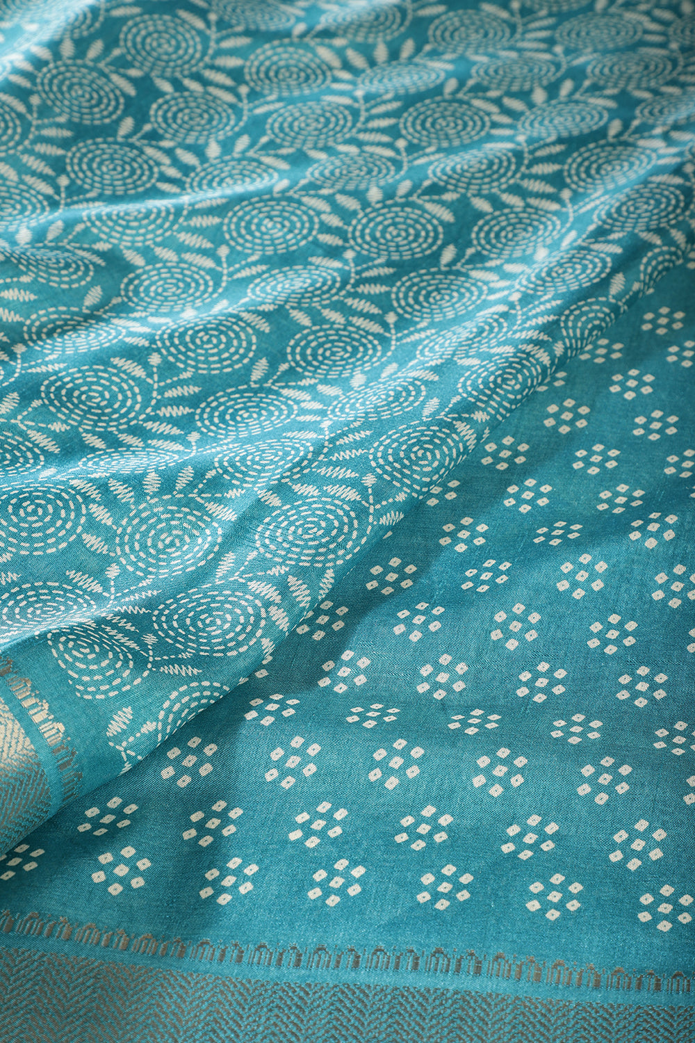 Turquoise Colour Printed & Woven Cotton Silk Saree