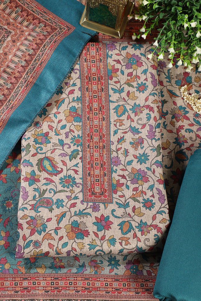 Firozi Color Pashmina Floral Printed Unstitched Suit Fabric
