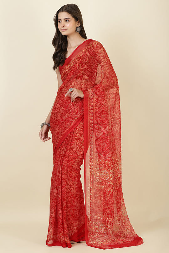 Red Georgette Bandhani Printed Saree