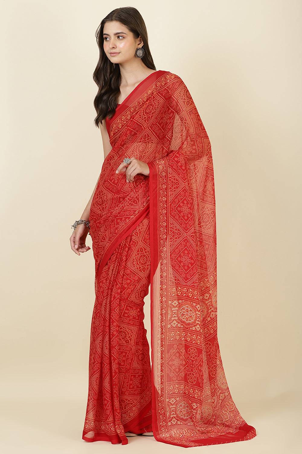 Red Georgette Bandhani Printed Saree