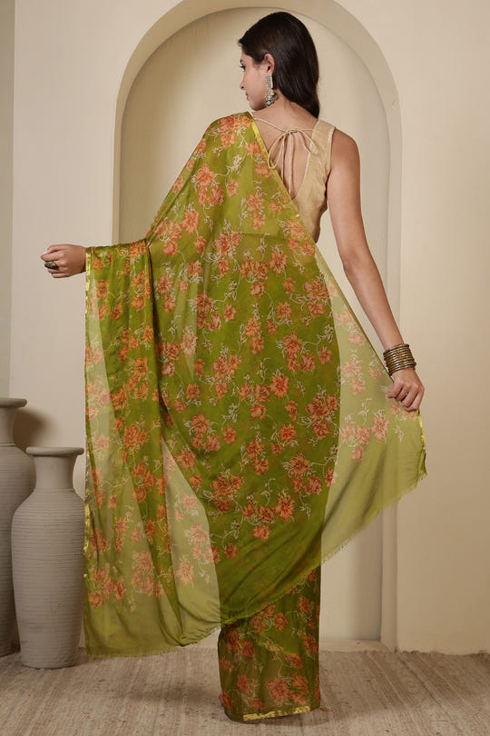 Olive Green  Chiffon Floral Zari Border & Floral Printed Saree