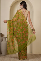 Olive Green  Chiffon Floral Zari Border & Floral Printed Saree