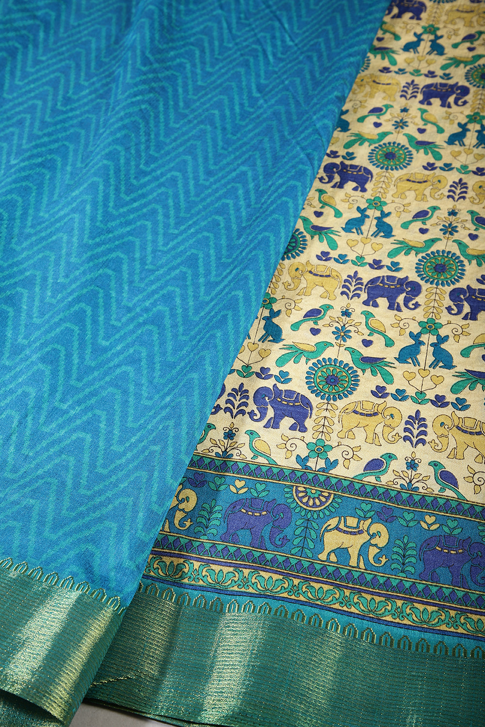 Cream & Blue Color Tussar Silk Indian Folk Art Printed Saree