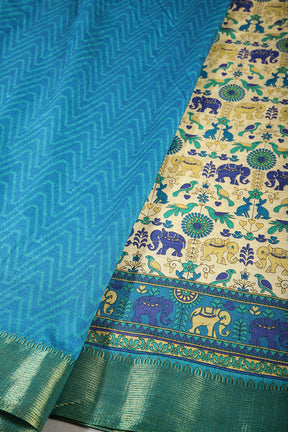 Cream & Blue Color Tussar Silk Indian Folk Art Printed Saree