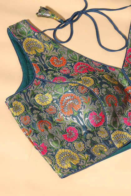 Bottle Green Brocade Sik Resham And Zari Woven Readymade Blouse