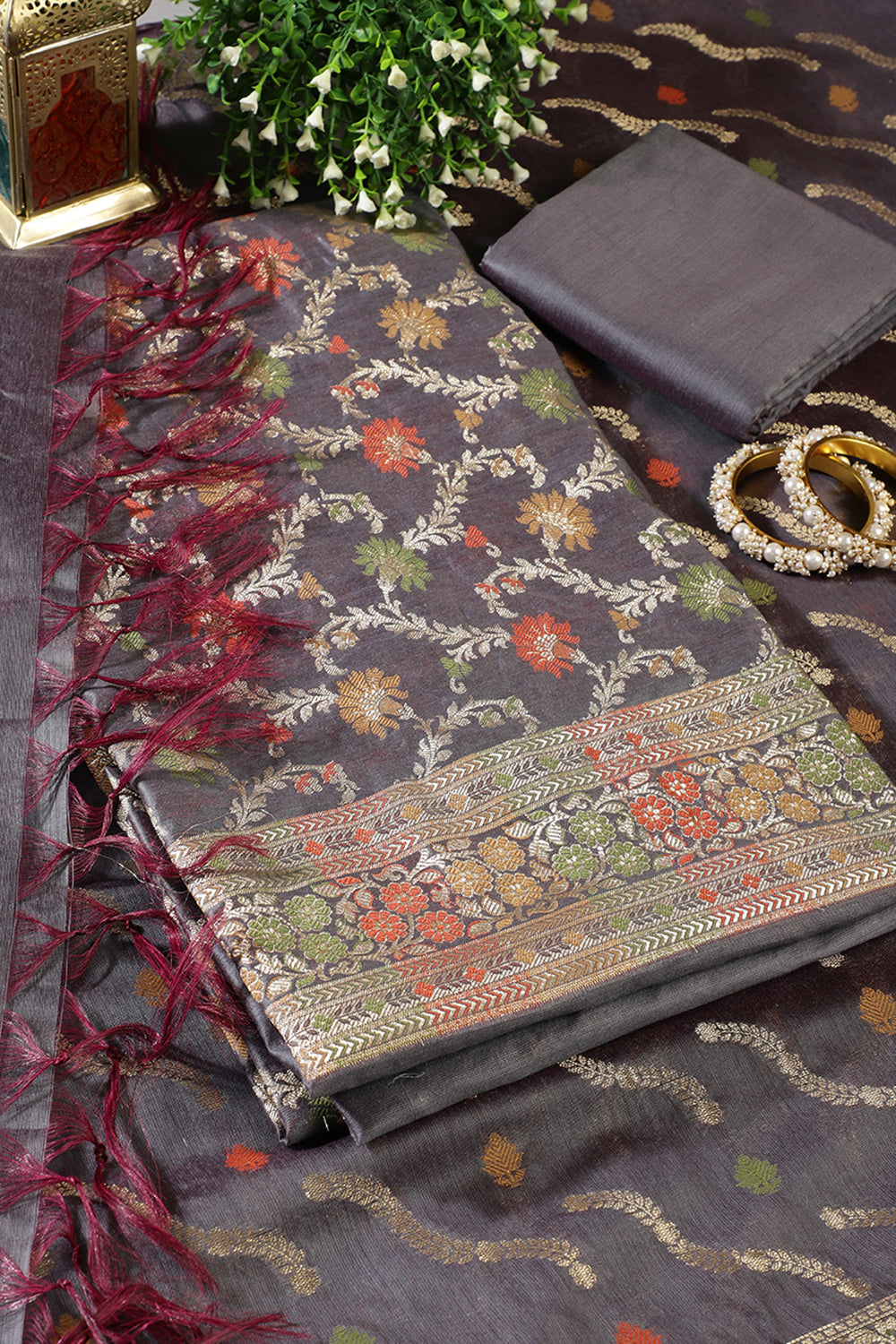 Grey Chanderi Silk Resham And Zari Woven Unstitched Suit Material